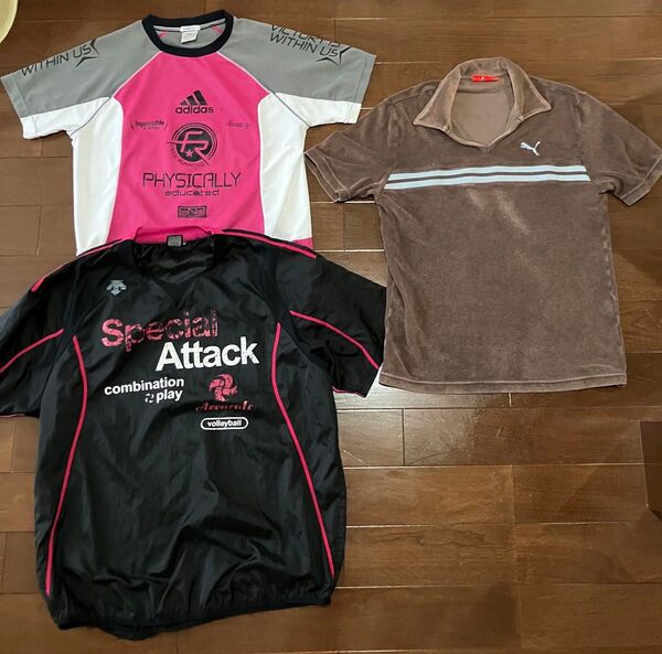 DESCENTE 半袖Tシャツ ウインドブレーカー バレーボール 半袖 デサント ブラック ピンク プーマ パイル地 半袖Tシャツ