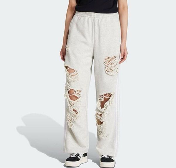adidas ジョガー/スウェットパンツ ダメージ加工 ライトグレー×白