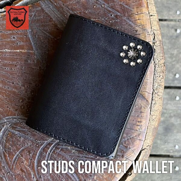 栃木レザー財布 コンパクト財布 ミニ財布 スタッズ財布 二つ折り財布 メンズ財布 wallet 小さい財布 新品 ブラック