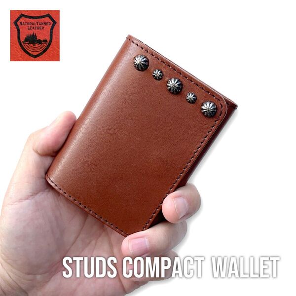 栃木レザー財布 コンパクト財布 ミニ財布 スタッズ財布 二つ折り財布 メンズ財布 wallet 小さい財布 新品 ダークブラウン