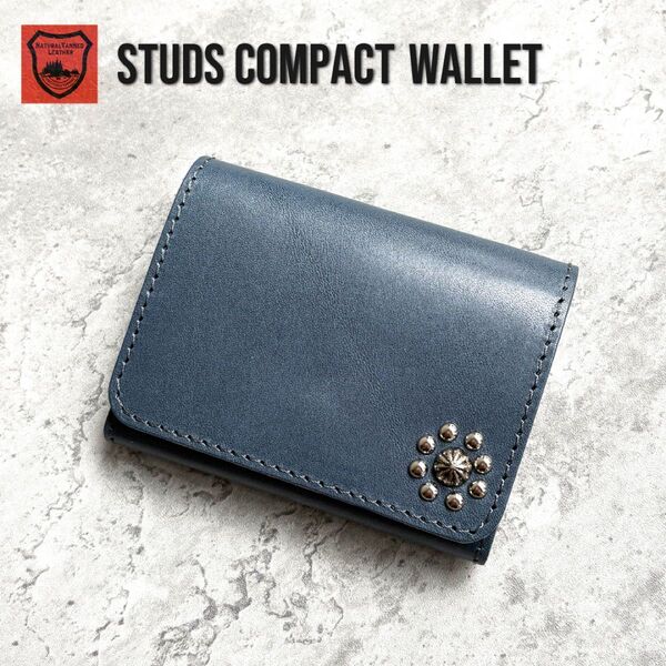 栃木レザー財布 コンパクト財布 ミニ財布 スタッズ財布 二つ折り財布 メンズ財布 wallet 小さい財布 新品 ネイビー