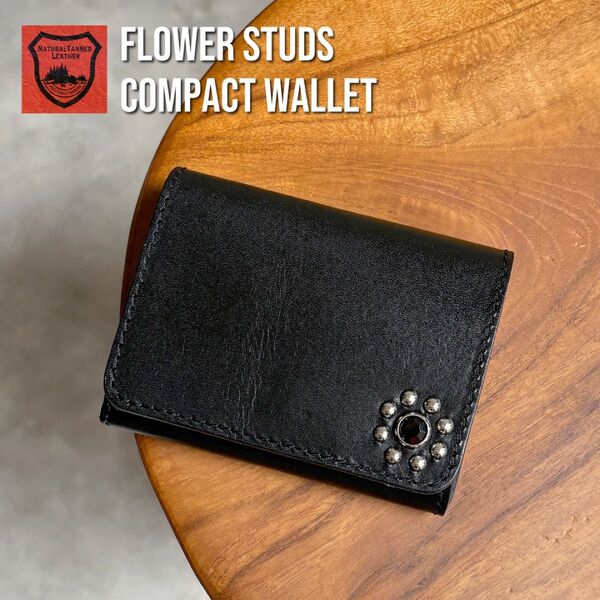 栃木レザー財布 コンパクト財布 ミニ財布 スタッズ財布 二つ折り財布 メンズ財布 wallet 小さい財布 新品 ブラック