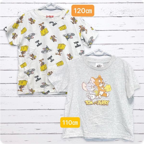 【トムアンドジェリー】プリント半袖Tシャツ 白 杢グレー 総柄 子供服 キッズ 110㎝ 120㎝