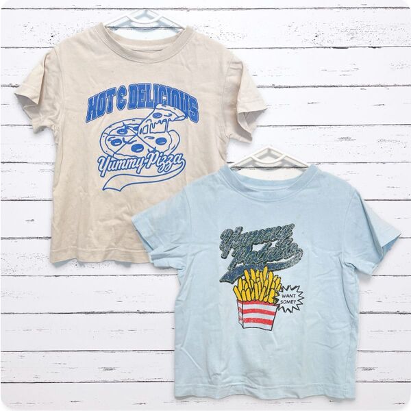 【GU・110㎝】フロントプリント半袖Tシャツ ピザ ポテト 子供服 キッズ グレー 水色