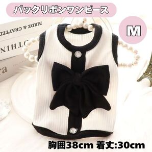 ペット ペットウェア 洋服 Mサイズ ワンピース ドレス リボン ホワイト 白 モノトーン 上品 犬 猫 ビジュー