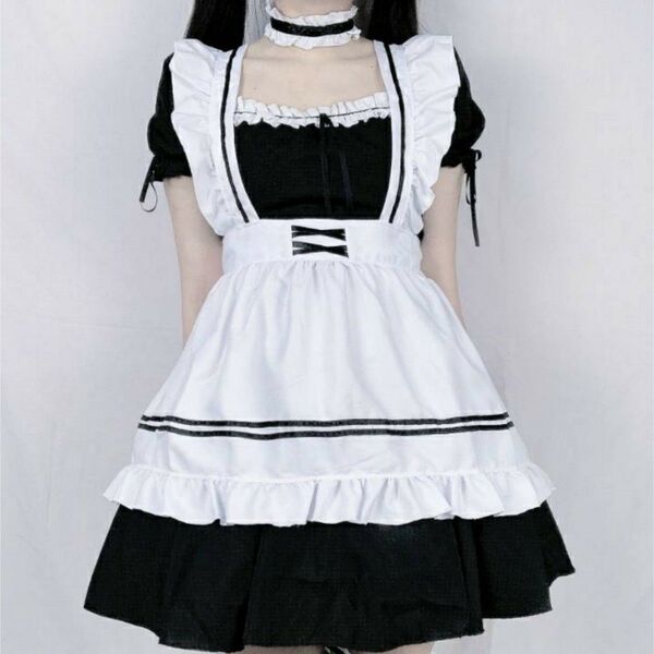 【クーポン適用可能】メイド服 ロリータ コスプレ メイド 黒 ワンピース コスチューム ホワイト ブラック メイド服