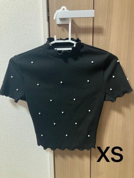 半袖 パール 黒 ミニT シャツ トップス