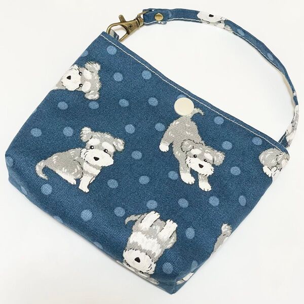 ミニチュアシュナイザー 犬柄 バッグポーチ ブルー ハンドメイド