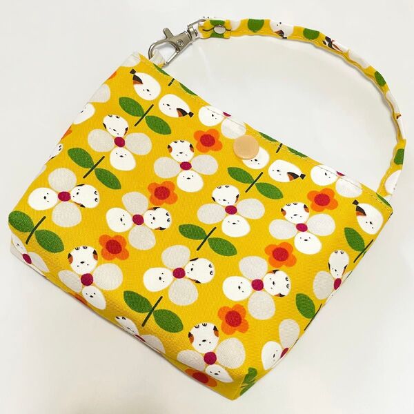 シマエナガ 鳥 花柄 バッグポーチ イエロー ハンドメイド