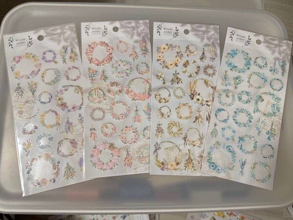 4個セット リース ステッカー シール 花 コラージュ 素材 手帳 デコ