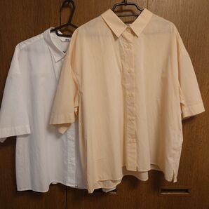 ユニクロ XXL ベージュ 白 ボックスシルエットシャツ レディース ブラウス 通勤 2枚