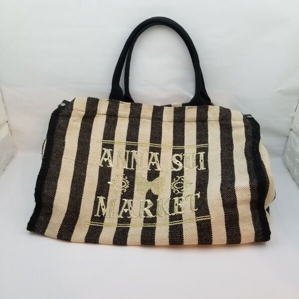 ANNA SUI アナスイ トートバッグ 茶色/白 ストライプ ロゴ刺繍