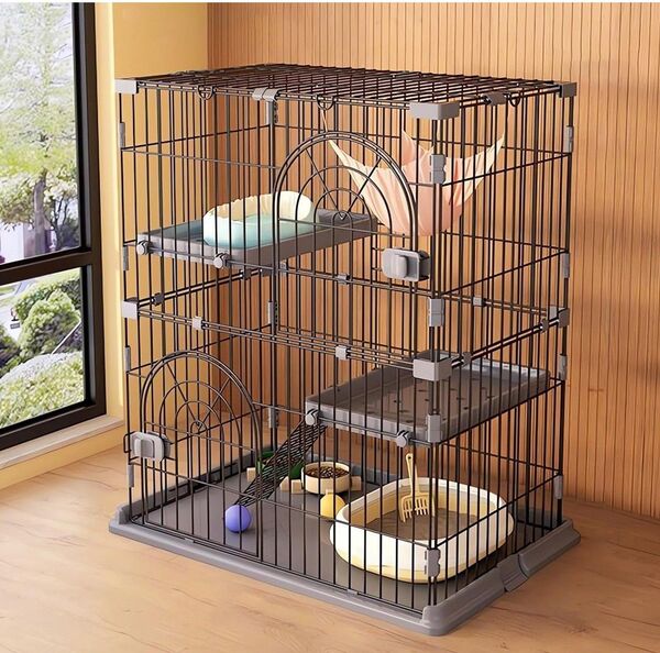猫ケージ キャットケージ 2段 スリム ペットケージ 組み立て簡単 ワイド扉付き ペットケージ 大型猫用 梯子 組み立て簡単