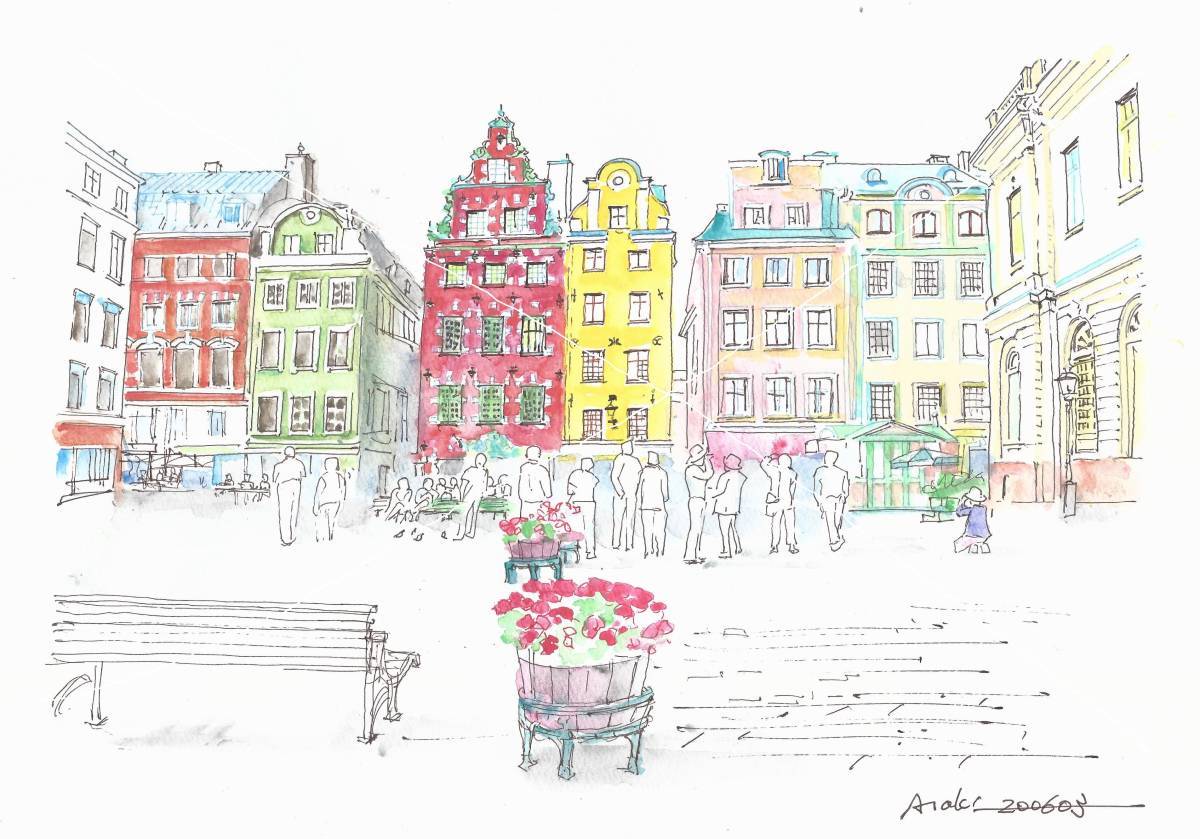 paisaje urbano europeo, Suecia, Estocolmo, Plaza del Palacio Real en Gamla Stan, papel de dibujo F4, pintura de acuarela original, cuadro, acuarela, Naturaleza, Pintura de paisaje