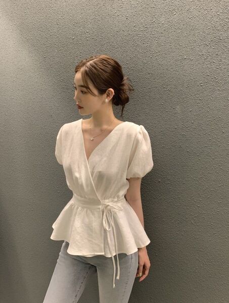 半袖シャツ レディース Vネック ブラウス 夏服 ホワイトトップス おしゃれ カットソー プルオーバー 後ろリボン付 Lサイズ