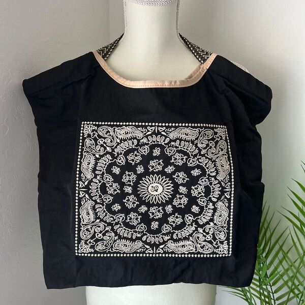 刺繍バッグ エコバッグ ショッピングバッグ ペイズリー スヌーピー バンダナ柄 ブラック Lサイズ ラスト1点