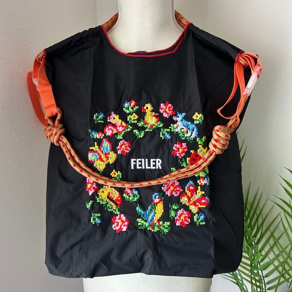 刺繍バッグ アヒル 花柄 トートバッグ エコバッグ ショッピングバッグ ショルダーストラップ付き M FEILER フェイラー