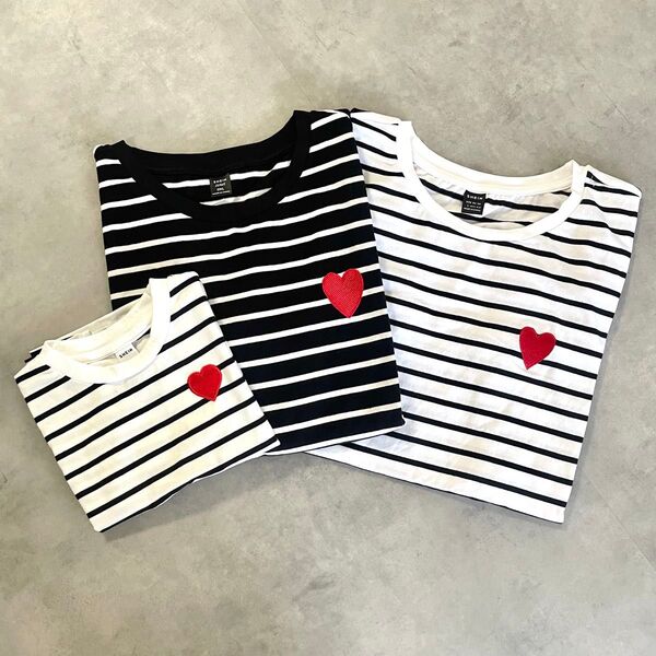新品未使用 SHEIN ストライプ ハート刺繍 半袖Tシャツ 親子ペア リンクコーデ 3枚セット