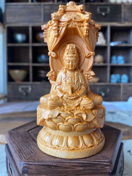 激安 仏像 置物 天然 崖柏木 木彫り仏像 西方三聖【観音菩薩 阿弥陀如来 勢至菩薩】彫刻仏像