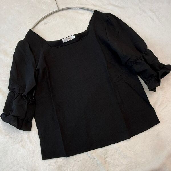 【限定入荷】カットソー ブラウス L ブラック スクエアネック 韓国 ギャザー