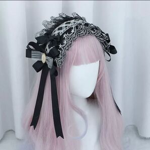 ヘッドドレス コスプレ リボン カチューシャ ロリータ 髪飾り メイド喫茶 黒 Black ゴスロリ ヘアアクセサリー