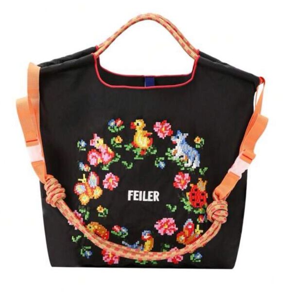 刺繍バッグ アヒル 花柄 トートバッグ エコバッグ ショッピングバッグ 新品未使用品ショルダーストラップ付きM
