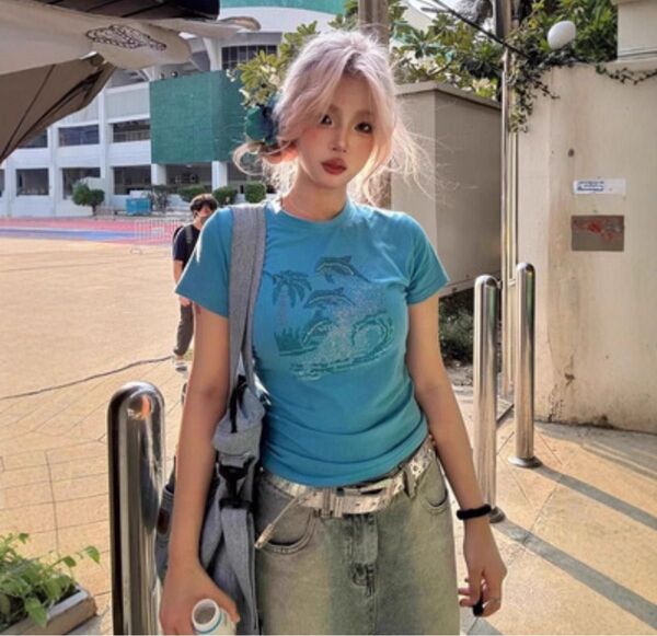 新品 S イルカ 平成ギャル キラキラ グランジ y2k Tシャツ トップス 半袖 グリッター Y2K 平成 ピチT