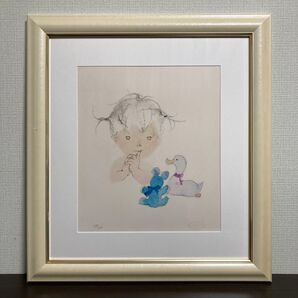 【真作保証】いわさきちひろ「 少女とぬいぐるみ」リトグラフ 印有り 版画 絵画 額装