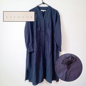 新品・未使用【ゆったりサイズ F】LILASIC ワンピース 刺繍 リネン 綿 ネイビー タグ付 ロング