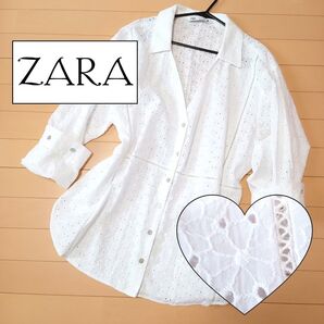 【大きいサイズ XL】ZARA ザラ カットワーク シャツ 花柄 綿100% 白 ホワイト