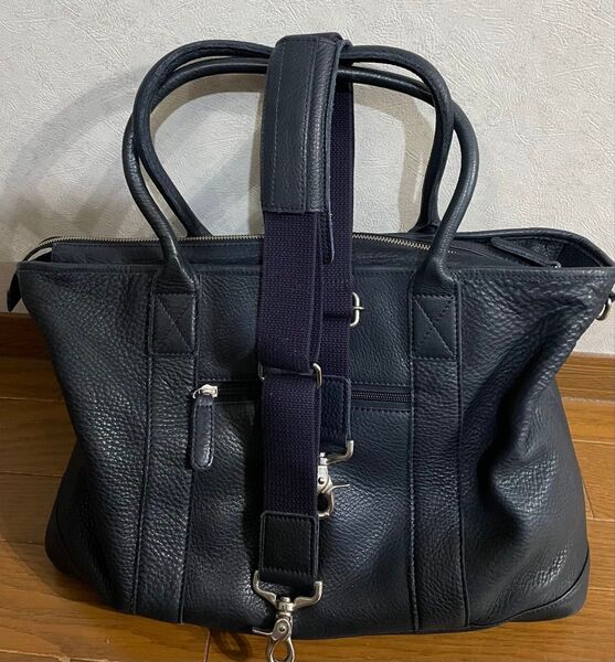 TRION本革レザー トートバッグ ツヤ無しネイビー 外ポケット&ショルダー付き 外寸サイズ横約42cm縦約30cm幅約14cm