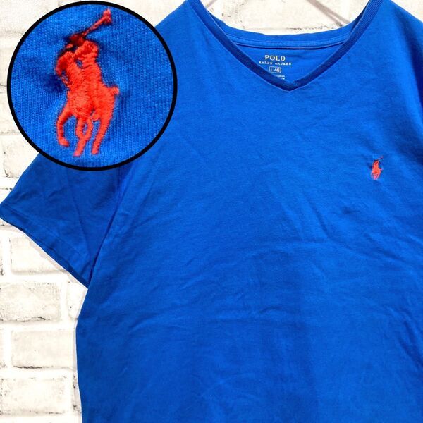 1870 Polo Ralph Lauren ポロラルフローレン VネックTシャツ L 青 ワンポイント刺繍 古着