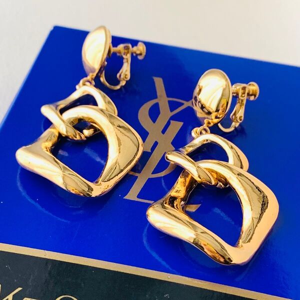 美品 Yves Saint Laurent イヴサンローラン イヤリング ドロップ スクエア サークル ゴールド ループ フープ