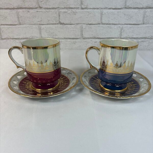 Glory China ティーカップ&ソーサー 2客セット 金彩×透かし彫り マグカップ ペア オーロラ 虹コーヒーカップ