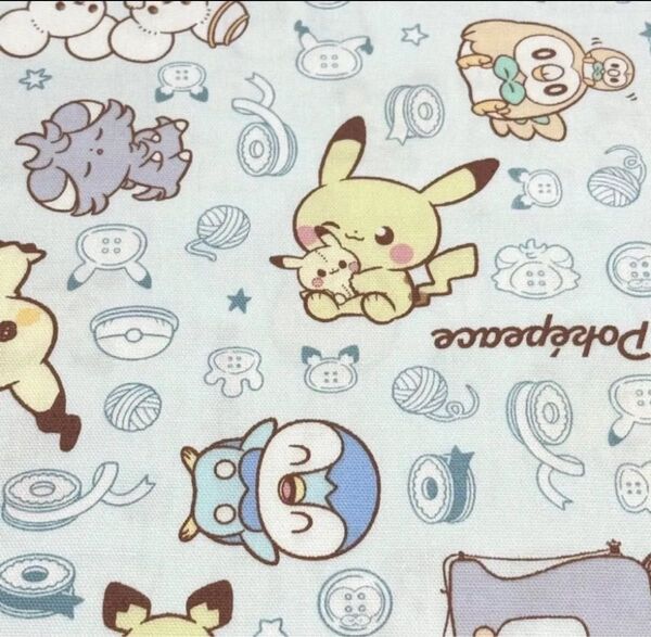 最新柄 ポケピース ポケモン ピカチュウ ポッチャマ オックス プリント 生地 水色 50cm