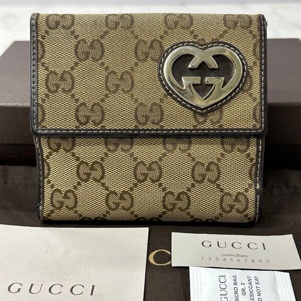 新品同様! グッチ GUCCI 財布 二つ折り 折り財布 GGキャンバス ラブリーハート