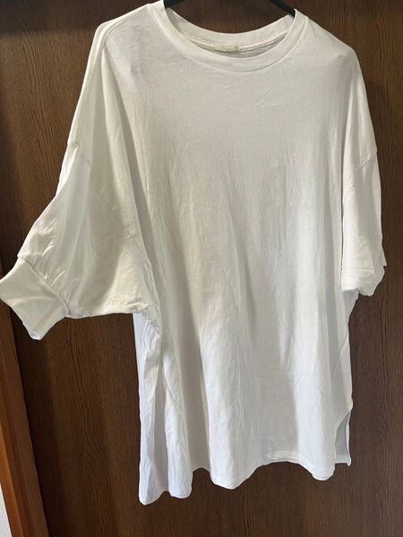 XL GU ドルマンスリーブ Tシャツ 白 ホワイト レディース トップス スリット チュニック 五分袖 半袖Tシャツ