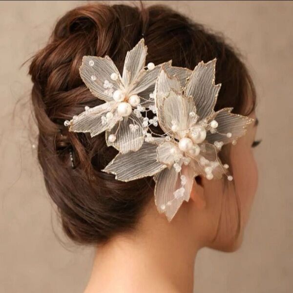 髪飾り ヘアアクセサリー ブライダル ヘッドドレス パール 結婚式 ゴールド 花 ウェディング 和装 イヤリング