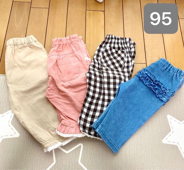 春夏 女の子 ベージュピンクチェックデニム 7部丈 パンツ 95 4点セット