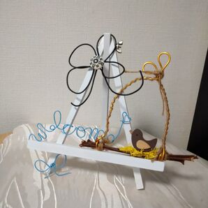 ワイヤークラフト welcome 鳥 花 リボン インテリア雑貨(関連カテゴリー変更相談可)