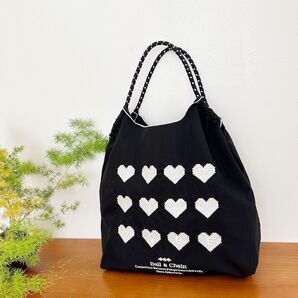 Ball&Chain ハート柄 白黒 Mサイズ エコバッグ 刺繍 撥水 軽量 大容量 折りたたみ可能 コンパクト収納 ブラック