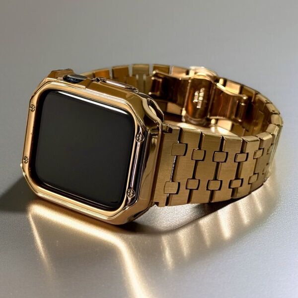 鏡面ローズゴールド★Apple Watchバンド ステンレス TPUクロームカバー アップルウォッチベルト 保護ケース