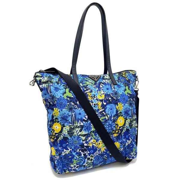 プラダ トートバッグ ショルダーバッグ 2way 肩掛け鞄 斜め掛け 花柄 フラワー ブルー ナイロン レザー PRADA