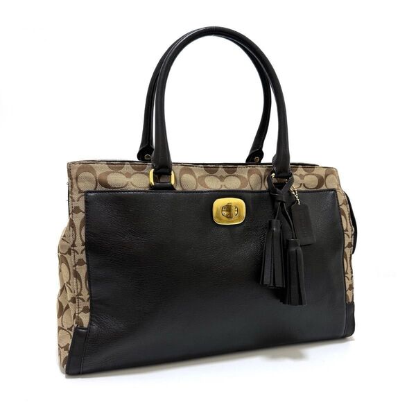 コーチ 25665 ハンドバッグ トートバッグ 肩掛け シグネチャー ブラウン ブラック ゴールド 茶 黒 フリンジ COACH