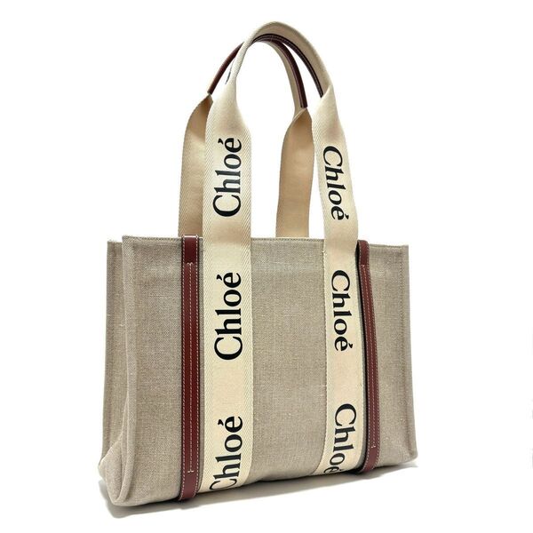 クロエ ウッディ ミディアム トートバッグ 肩掛け ハンドバッグ ベージュ ホワイト ブラウン キャンバス レザー Chloe