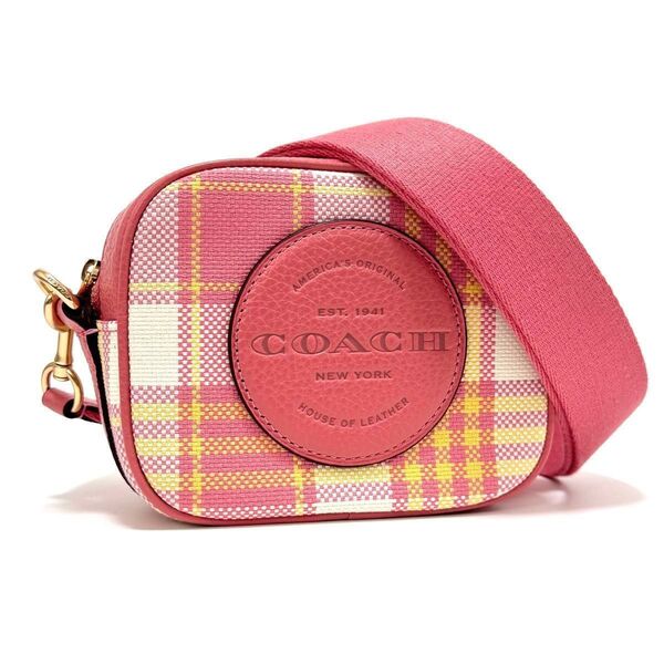 コーチ C8681 ミニ デンプシー ショルダーバッグ カメラバッグ 斜め掛け鞄 ピンク チェック キャンバス レザー COACH