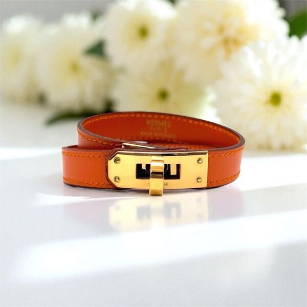エルメス ケリー ドゥブルトゥール バングル ブレスレット オレンジ ゴールド レザー アクセサリー HERMES