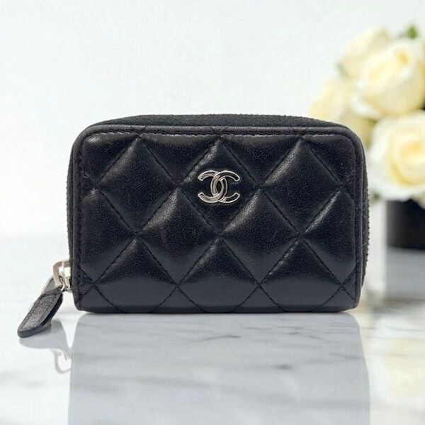 シャネル コインケース ミニウォレット 小銭入れ ブラック 黒 シルバー ラムスキン レザー マトラッセ ココマーク CHANEL