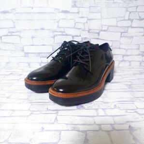 ZARA レースアップ ダービーシューズ チャンキーヒール エナメル 黒 23.5cm
