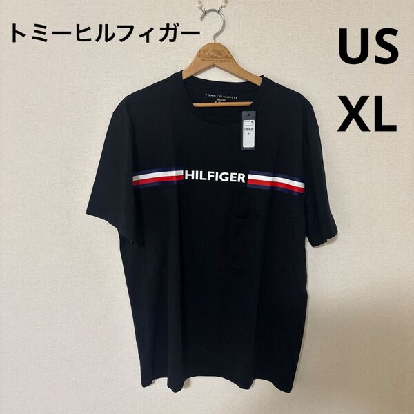 トミーヒルフィガー USサイズXL ブラックTシャツ ワンポイント刺繍とプリント